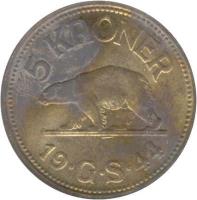 reverse of 5 Kroner (1944) coin with KM# 9 from Greenland. Inscription: 5 KRONER<br/>19 · G · S · 44