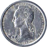 obverse of 1 Franc (1948) coin with KM# 1 from Saint Pierre and Miquelon. Inscription: REPUBLIQUE FRANÇAISE UNION FRANÇAISE<br/>1948<br/>L.BAZOR