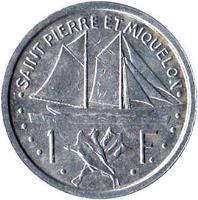 reverse of 1 Franc (1948) coin with KM# 1 from Saint Pierre and Miquelon. Inscription: SAINT PIERRE ET MIQUELON<br/>1 F