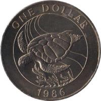 reverse of 1 Dollar - Elizabeth II - World Wildlife Fund: Sea Turtle (1986) coin with KM# 49 from Bermuda. Inscription: ONE DOLLAR<br/>1986