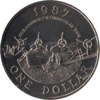 reverse of 1 Dollar - 50th Anniversary of Commercial Aviation (1987) coin with KM# 52 from Bermuda. Inscription: 1987<br/>50th Anniversary of commercial Air Travel<br/>ONE DOLLAR