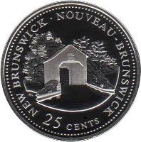 Canada coin 25 Cents - Elizabeth II - 125th Anniversary of Confederation: New Brunswick (1992) reverse reverse of 25 Cents - Elizabeth II - 125th Anniversary of Confederation: New Brunswick (1992) coin with KM# 203a from Canada. Inscription: NEW BRUNSWICK · NOUVEAU-BRUNSWICK<br/>25 CENTS