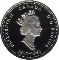 Canada coin 25 Cents - Elizabeth II - 125th Anniversary of Confederation: North West Territories (1992) obverse obverse of 25 Cents - Elizabeth II - 125th Anniversary of Confederation: North West Territories (1992) coin with KM# 212a from Canada. Inscription: ELIZABETH II CANADA D · G · REGINA<br/>1867-1992