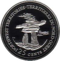 reverse of 25 Cents - Elizabeth II - 125th Anniversary of Confederation: North West Territories (1992) coin with KM# 212a from Canada. Inscription: NORTHWEST TERRITORIES · TERRITOIRES DU NORD-OUEST<br/>25 CENTS