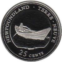 reverse of 25 Cents - Elizabeth II - 125th Anniversary of Confederation: Newfoundland (1992) coin with KM# 213a from Canada. Inscription: NEWFOUNDLAND • TERRE-NEUVE<br/>25 CENTS