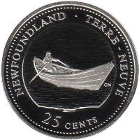 Canada coin 25 Cents - Elizabeth II - 125th Anniversary of Confederation: Newfoundland (1992) reverse reverse of 25 Cents - Elizabeth II - 125th Anniversary of Confederation: Newfoundland (1992) coin with KM# 213a from Canada. Inscription: NEWFOUNDLAND • TERRE-NEUVE<br/>25 CENTS