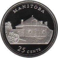 reverse of 25 Cents - Elizabeth II - 125th Anniversary of Confederation: Manitoba (1992) coin with KM# 214a from Canada. Inscription: MANITOBA<br/>25 CENTS