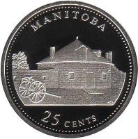 Canada coin 25 Cents - Elizabeth II - 125th Anniversary of Confederation: Manitoba (1992) reverse reverse of 25 Cents - Elizabeth II - 125th Anniversary of Confederation: Manitoba (1992) coin with KM# 214a from Canada. Inscription: MANITOBA<br/>25 CENTS