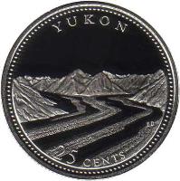 reverse of 25 Cents - Elizabeth II - 125th Anniversary of Confederation: Yukon (1992) coin with KM# 220a from Canada. Inscription: YUKON<br/>25 CENTS