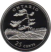 reverse of 25 Cents - Elizabeth II - 125th Anniversary of Confederation: Ontario (1992) coin with KM# 223a from Canada. Inscription: ONTARIO<br/>25 CENTS