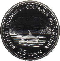 reverse of 25 Cents - Elizabeth II - 125th Anniversary of Confederation: British Columbia (1992) coin with KM# 232a from Canada. Inscription: BRITISH COLUMBIA • COLOMBIE-BRITANNIQUE<br/>25 CENTS