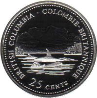 Canada coin 25 Cents - Elizabeth II - 125th Anniversary of Confederation: British Columbia (1992) reverse reverse of 25 Cents - Elizabeth II - 125th Anniversary of Confederation: British Columbia (1992) coin with KM# 232a from Canada. Inscription: BRITISH COLUMBIA • COLOMBIE-BRITANNIQUE<br/>25 CENTS