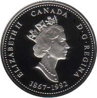 obverse of 25 Cents - Elizabeth II - 125th Anniversary of Confederation: Saskatchewan (1992) coin with KM# 233a from Canada. Inscription: ELIZABETH II CANADA D · G · REGINA<br/>1867-1992