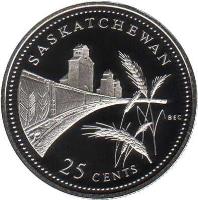 reverse of 25 Cents - Elizabeth II - 125th Anniversary of Confederation: Saskatchewan (1992) coin with KM# 233a from Canada. Inscription: SASKATCHEWAN<br/>25 CENTS