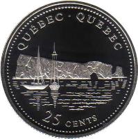 Canada coin 25 Cents - Elizabeth II - 125th Anniversary of Confederation: Quebec (1992) reverse reverse of 25 Cents - Elizabeth II - 125th Anniversary of Confederation: Quebec (1992) coin with KM# 234a from Canada. Inscription: QUEBEC • QUÉBEC<br/>25 CENTS