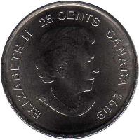 Canada coin 25 Cents - Elizabeth II - Women's hockey gold medal, Salt Lake City 2002 (2009) obverse obverse of 25 Cents - Elizabeth II - Women's hockey gold medal, Salt Lake City 2002 (2009) coin with KM# 1064a from Canada. Inscription: ELIZABETH II 25 CENTS CANADA 2009