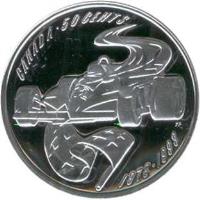 Canada coin 50 Cents - Elizabeth II - 20 Years Canadian Auto Racing (1998) reverse reverse of 50 Cents - Elizabeth II - 20 Years Canadian Auto Racing (1998) coin with KM# 328 from Canada. Inscription: CANADA . 50 CENTS<br/>1978-1998