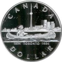 Canada coin 1 Dollar - Elizabeth II - Toronto Sesquiecentennial (1984) reverse reverse of 1 Dollar - Elizabeth II - Toronto Sesquiecentennial (1984) coin with KM# 140 from Canada. Inscription: CANADA<br/>1834 TORONTO 1984<br/>DOLLAR