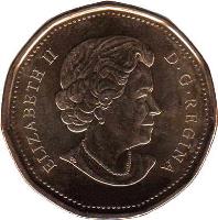 obverse of 1 Dollar - Elizabeth II - Saskatchewan Roughriders Centennial (2010) coin with KM# 1046 from Canada. Inscription: ELIZABETH II<br/>D • G • REGINA