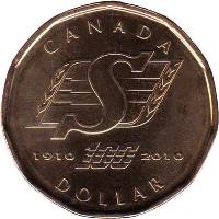 reverse of 1 Dollar - Elizabeth II - Saskatchewan Roughriders Centennial (2010) coin with KM# 1046 from Canada. Inscription: CANADA<br/>1910 100 2010<br/>DOLLAR