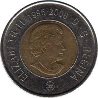 Canada coin 2 Dollars - Elizabeth II - 10th Anniversary of 2 Dollars coin (2006) obverse obverse of 2 Dollars - Elizabeth II - 10th Anniversary of 2 Dollars coin (2006) coin with KM# 836 from Canada. Inscription: ELIZABETH II 1996-2006 D · G · REGINA
