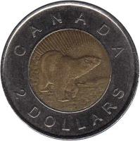 Canada coin 2 Dollars - Elizabeth II - 10th Anniversary of 2 Dollars coin (2006) reverse reverse of 2 Dollars - Elizabeth II - 10th Anniversary of 2 Dollars coin (2006) coin with KM# 836 from Canada. Inscription: CANADA<br/>2 DOLLARS