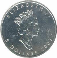 obverse of 5 Dollars - Elizabeth II (1990 - 2003) coin with KM# 187 from Canada. Inscription: ELIZABETH II<br/>5 DOLLARS 2002