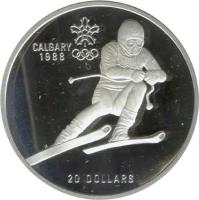 Canada coin 20 Dollars - Elizabeth II - 1988 Calgary Olympics: Downhill Skier (1985) reverse reverse of 20 Dollars - Elizabeth II - 1988 Calgary Olympics: Downhill Skier (1985) coin with KM# 145 from Canada. Inscription: CALGARY<br/>1988<br/>20 DOLLARS