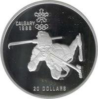 Canada coin 20 Dollars - Elizabeth II - 1988 Calgary Olympics: Biathlon (1986) reverse reverse of 20 Dollars - Elizabeth II - 1988 Calgary Olympics: Biathlon (1986) coin with KM# 147 from Canada. Inscription: CALGARY<br/>1988<br/>20 DOLLARS