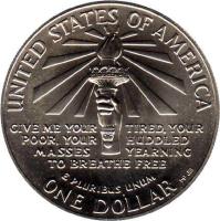 United States coin 1 Dollar - Statue of Liberty Centennial: Ellis Island and Statue of Liberty (1986) reverse reverse of 1 Dollar - Statue of Liberty Centennial: Ellis Island and Statue of Liberty (1986) coin with KM# 214 from United States. Inscription: UNITED STATES OF AMERICA<br/>GIVEME YOUR TIRED, YOUR<br/>POOR, YOUR HUDDLED<br/>MASSES YEARNING<br/>TO BREATHE