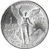 reverse of 1 Onza (1982 - 1995) coin with KM# 494 from Mexico. Inscription: 1<br/>onza<br/>PLATA<br/>PURA<br/>1983 MEXICO Ley 999