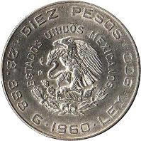 Mexico coin 10 Pesos - 150th Anniversary of War of Independence: M. Hidalgo and F. Madero (1960) obverse obverse of 10 Pesos - 150th Anniversary of War of Independence: M. Hidalgo and F. Madero (1960) coin with KM# 476 from Mexico. Inscription: DIEZ PESOS<br/>ESTADOS UNIDOS MEXICANOS<br/>28.888 . 1960 . LEY 900