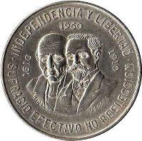 Mexico coin 10 Pesos - 150th Anniversary of War of Independence: M. Hidalgo and F. Madero (1960) reverse reverse of 10 Pesos - 150th Anniversary of War of Independence: M. Hidalgo and F. Madero (1960) coin with KM# 476 from Mexico. Inscription: INDEPENDENICA Y LIBERTAD<br/>1960<br/>1810<br/>1910<br/>HIDALGO MADERO<br/>SUFRAGIO EFECTIVO NO REELECTION