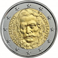 obverse of 2 Euro - 200th Anniversary of the birth of Ľudovít Štúr (2015) coin from Slovakia. Inscription: ĽUDOVÍT ŠTÚR 1815-1856 2015 SLOVENSKO