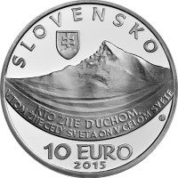 obverse of 10 Euro - 200th Anniversary of the birth of Ľudovít Štúr (2015) coin from Slovakia. Inscription: SLOVENSKO KTO ŽIJE DUCHOM, V TOM ŽIJE CELÝ SVET A ON V CELOM SVETE 10 EURO 2015