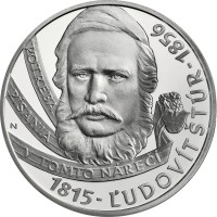 reverse of 10 Euro - 200th Anniversary of the birth of Ľudovít Štúr (2015) coin from Slovakia. Inscription: POTREBA PÍSANIA V TOMTO NÁREČÍ 1815 – ĽUDOVÍT ŠTÚR – 1856
