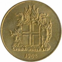 obverse of 2 Krónur (1958 - 1966) coin with KM# 13a.1 from Iceland. Inscription: 1963