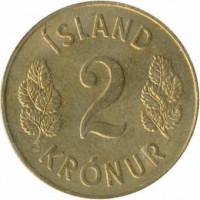 Iceland coin 2 Krónur (1958 - 1966) reverse reverse of 2 Krónur (1958 - 1966) coin with KM# 13a.1 from Iceland. Inscription: ÍSLAND 2 KRÓNUR