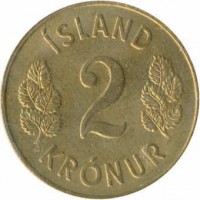 reverse of 2 Krónur (1958 - 1966) coin with KM# 13a.1 from Iceland. Inscription: ÍSLAND 2 KRÓNUR