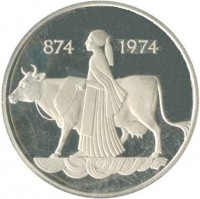 Iceland coin 500 Krónur - 1100th Anniversary to 1st Settlement in Iceland (1974) reverse reverse of 500 Krónur - 1100th Anniversary to 1st Settlement in Iceland (1974) coin with KM# 20 from Iceland. Inscription: 874 1974