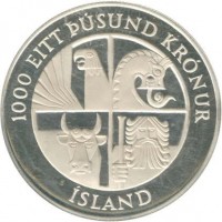 obverse of 1000 Krónur - 1100th Anniversary to 1st Settlement in Iceland (1974) coin with KM# 21 from Iceland. Inscription: 1000 EITT ÞÚSUND KRÓNUR ÍSLAND