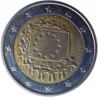 obverse of 2 Euro - 30th Anniversary to European Union flag (2015) coin with KM# 172 from Latvia. Inscription: LATVIJA 1985-2015 ΓΣ