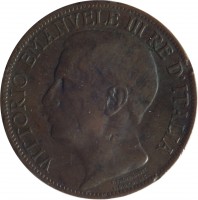 obverse of 10 Centesimi - Vittorio Emanuele III - 50th Anniversary of the Kingdom of Italy (1911) coin with KM# 51 from Italy. Inscription: VITTORIO EMANVELE III RE D'ITALIA D. TRENTACOSTE L. GIORGI INC.