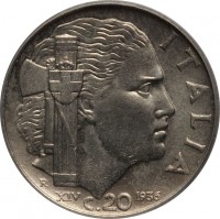 reverse of 20 Centesimi - Vittorio Emanuele III (1936 - 1938) coin with KM# 75 from Italy. Inscription: ITALIA R XIV 1936 C.20