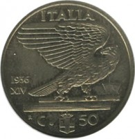 reverse of 50 Centesimi - Vittorio Emanuele III (1936 - 1938) coin with KM# 76 from Italy. Inscription: ITALIA 1936 XIV R C. 50