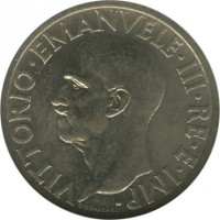 obverse of 1 Lira - Vittorio Emanuele III (1936 - 1938) coin with KM# 77 from Italy. Inscription: VITTORIO · EMANUELE · III · RE · E · IMP · G.ROMAGNOLI