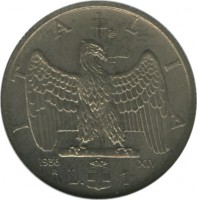 Italy coin 1 Lira - Vittorio Emanuele III (1936 - 1938) reverse reverse of 1 Lira - Vittorio Emanuele III (1936 - 1938) coin with KM# 77 from Italy. Inscription: ITALIA 1936 XIV R L. 1