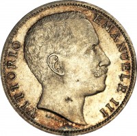 obverse of 2 Lire - Vittorio Emanuele III (1901 - 1907) coin with KM# 33 from Italy. Inscription: VITTORIO EMANUELE III SPERANZA