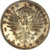 reverse of 2 Lire - Vittorio Emanuele III (1901 - 1907) coin with KM# 33 from Italy. Inscription: REGNO D'ITALIA L.2 * R * 1907