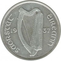 obverse of 1/2 Crown (1928 - 1937) coin with KM# 8 from Ireland. Inscription: SAORSTAT ÉIREANN 19 37